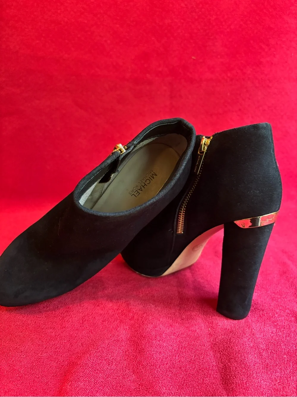 Michael Kors Black Suede High‑Heel Ankle Booties with Gold Trim